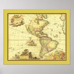 Póster Mapa antiguo del hemisferio occidental ~ años 1700