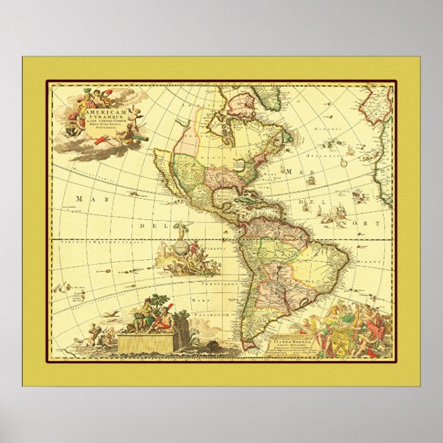 Póster Mapa antiguo del hemisferio occidental ~ años 1700 (Frente)