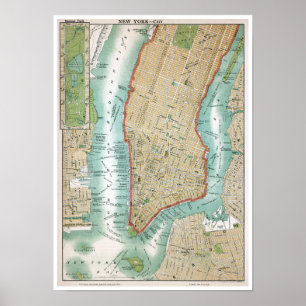 Póster Mapa antiguo del Lower Manhattan y del Central