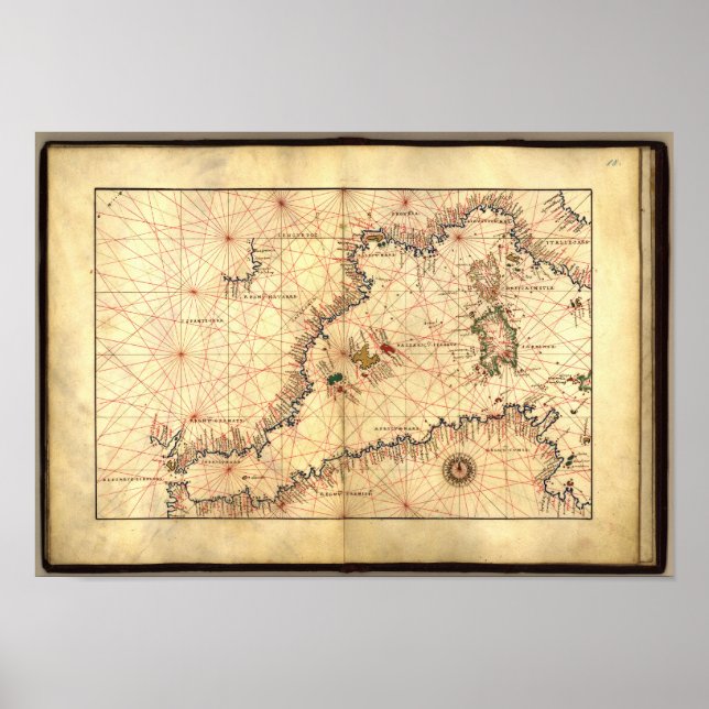 Póster Mapa antiguo del Mar Mediterráneo Occidental (Frente)