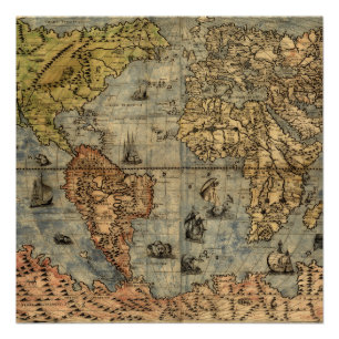 Póster Mapa Antiguo del Mundo de Forlani de 1565 Cartogra
