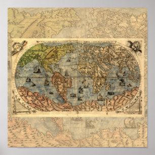 Póster Mapa Antiguo del Mundo de Forlani de 1565 Cartogra