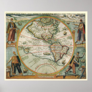 Póster Mapa antiguo del mundo de las Américas, 1597