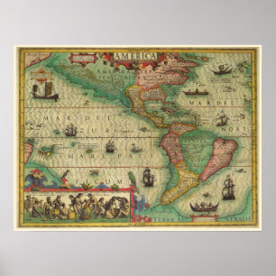 Póster Mapa antiguo del mundo de las Américas, 1606