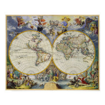 Mapa antiguo del mundo en dos hemisferios 1683