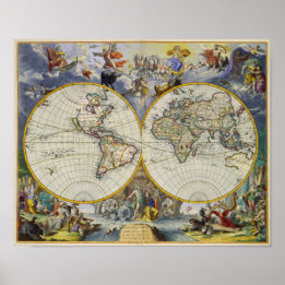Póster Mapa antiguo del mundo en dos hemisferios 1683
