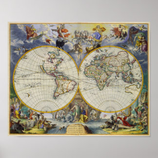 Póster Mapa antiguo del mundo en dos hemisferios 1683