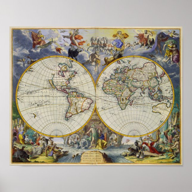 Póster Mapa antiguo del mundo en dos hemisferios 1683 (Frente)
