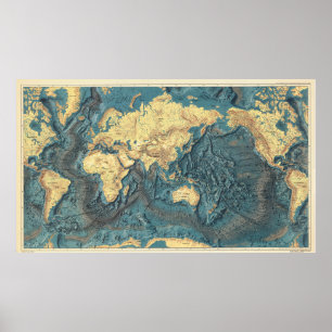 Póster Mapa Antiguo del Mundo en Relieve Oceánico: Contin