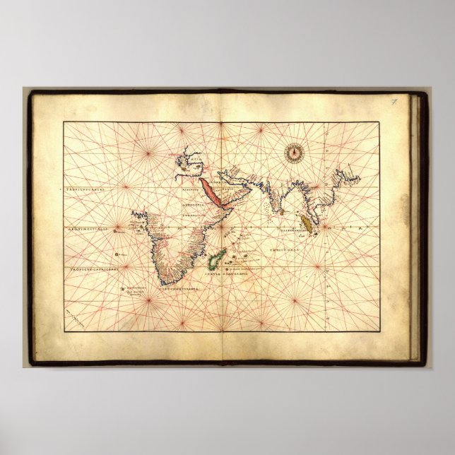 Póster Mapa antiguo del Océano Índico Agnese Atlas 1544 A (Frente)