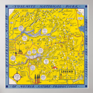 Póster Mapa antiguo del Parque Nacional Yosemite Californ