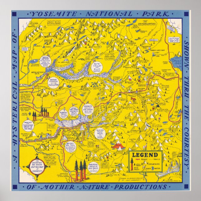Póster Mapa antiguo del Parque Nacional Yosemite Californ (Frente)