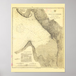 Póster Mapa antiguo del puerto de Seattle y el sonido de 