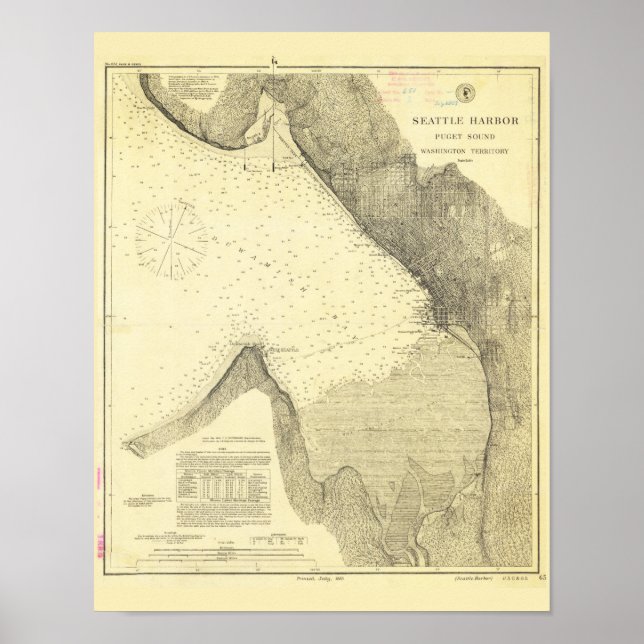 Póster Mapa antiguo del puerto de Seattle y el sonido de  (Frente)