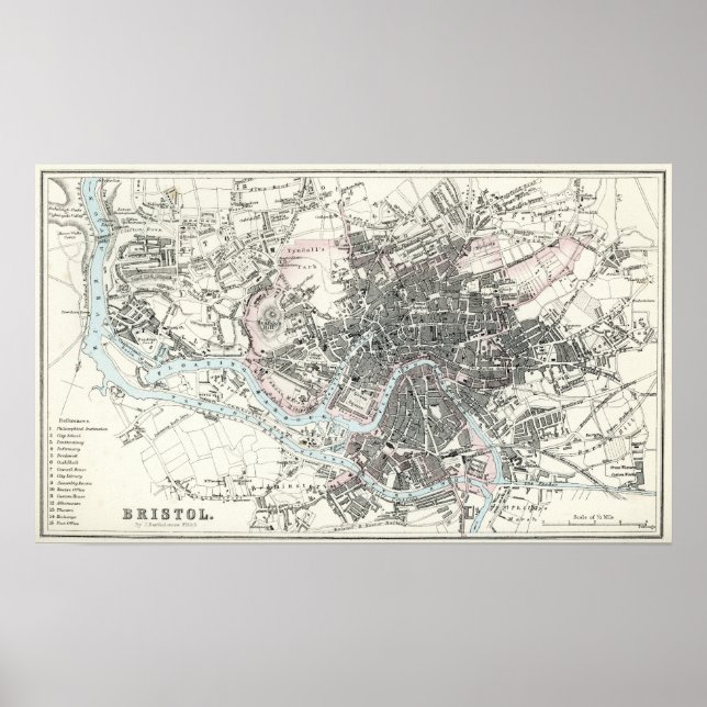 Póster Mapa antiguo del siglo XIX de Bristol (Frente)