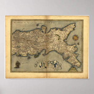 Póster Mapa antiguo del sur de Italia ORTELIUS ATLAS 1570