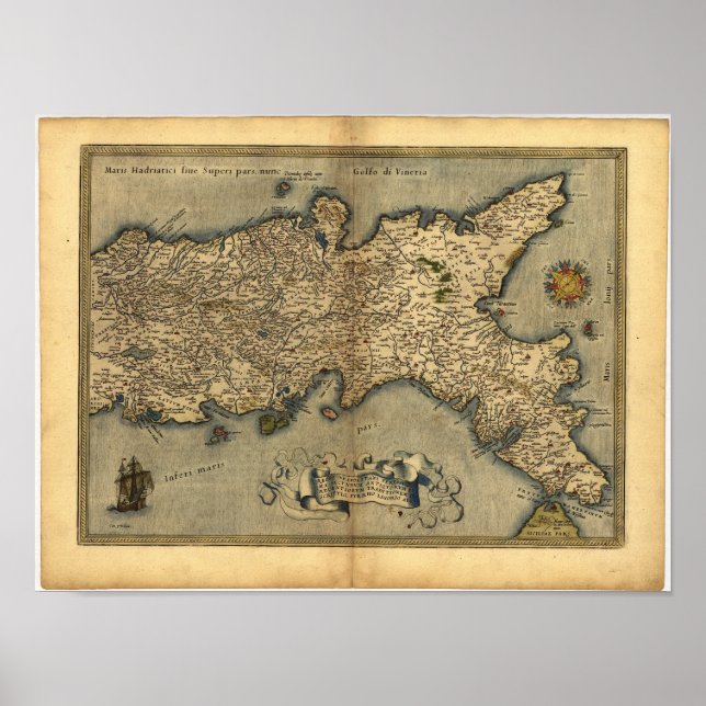 Póster Mapa antiguo del sur de Italia ORTELIUS ATLAS 1570 (Frente)
