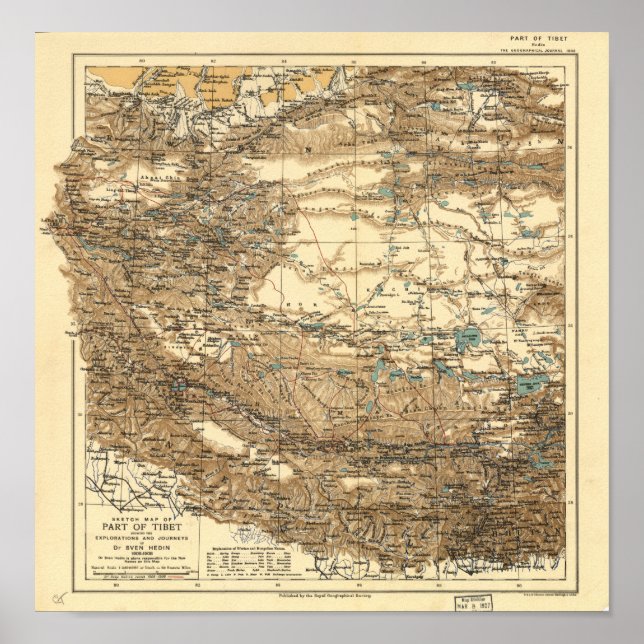 Póster Mapa antiguo del Tíbet 1906-1908 (Frente)