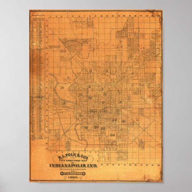 Póster Mapa Antiguo Detallado de Indianapolis 1885 (Frente)