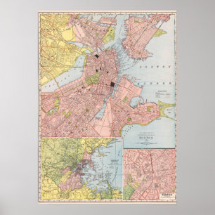 Póster Mapa Antiguo Detallado de la Ciudad de Boston 1912