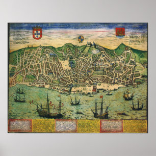 Póster Mapa antiguo, Plan de ciudad de Lisboa, Portugal, 