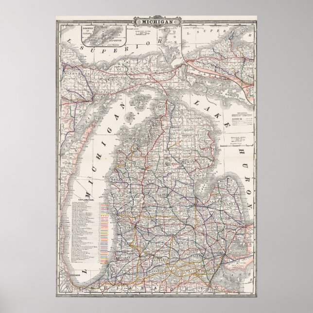 Póster Mapa Antiguo Premium de la Zona de Michigan 1892 (Frente)