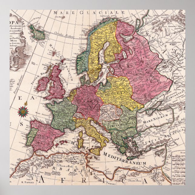 Póster Mapa antiguo retro de Europa (Frente)