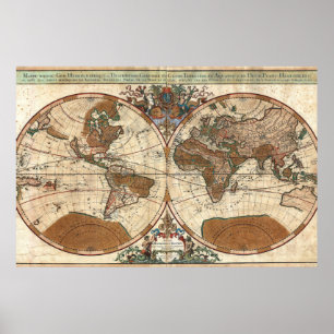 Póster mapa antiguo vintage de 1691 Sanson del mundo