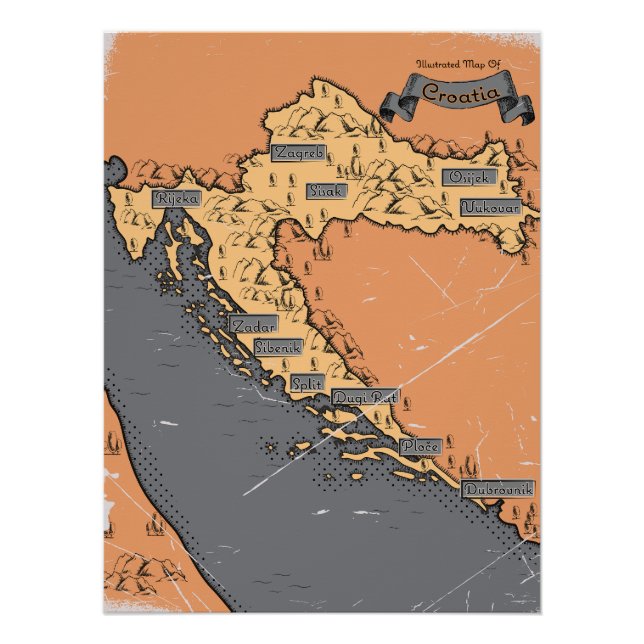 Póster Mapa antiguo vintage de Croacia (Anverso)