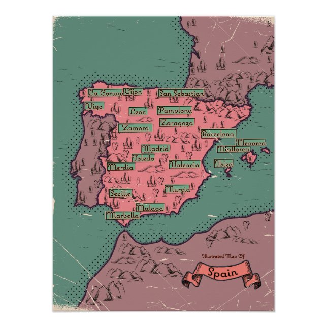 Póster Mapa antiguo vintage de España (Anverso)
