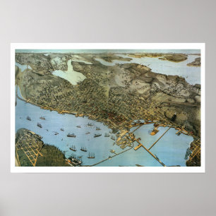 Póster Mapa Antiguo Vista Aérea Ciudad de Seattle Washing