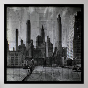 Póster Mapa Antiguo y Foto Retro de Nueva York