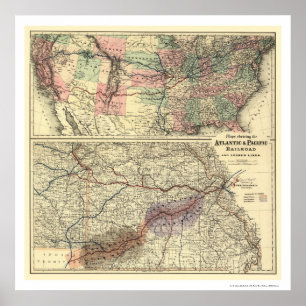 Póster Mapa atlántico y pacífico 1873 del ferrocarril