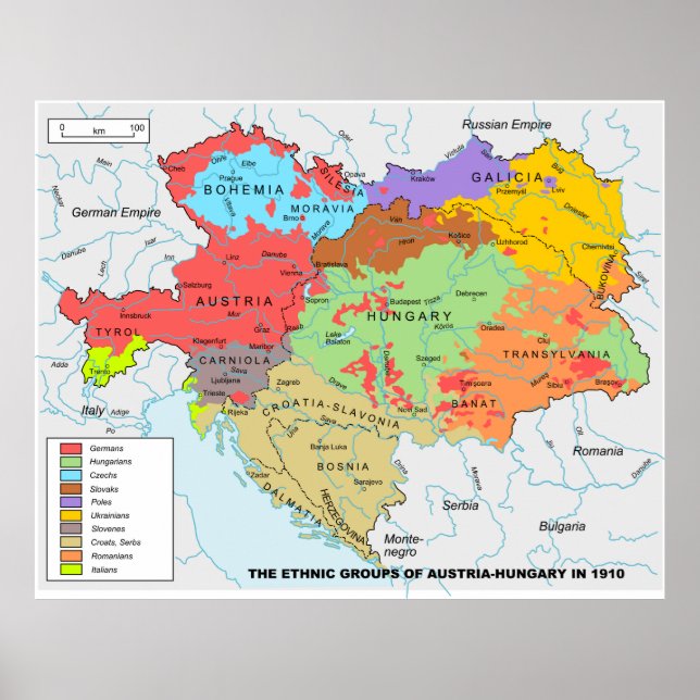 Póster Mapa Austria-Hungría de diversidad étnica en 1910 (Frente)