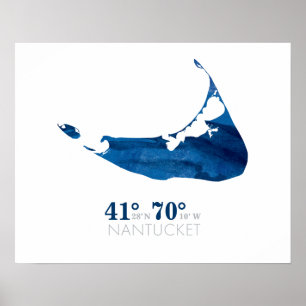 Póster Mapa azul de Nantucket de la acuarela con