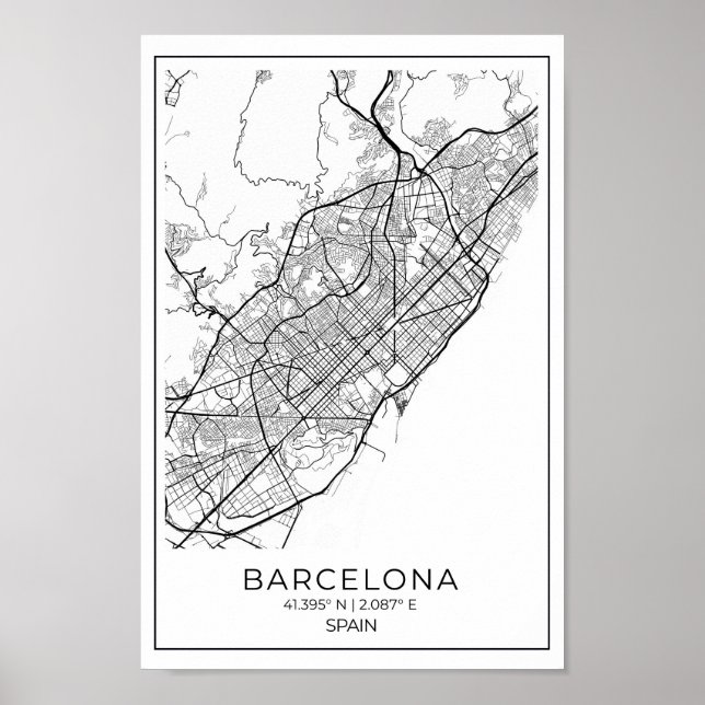 Póster Mapa BARCELONA - Mapa Blanco Y Negro (Frente)