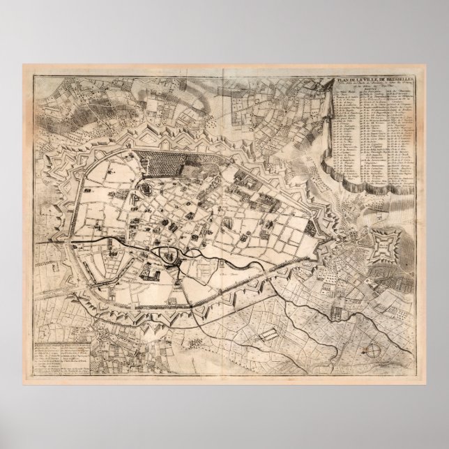 Póster Mapa belga de Bruselas antiguo (1727) Vintage Brux (Frente)
