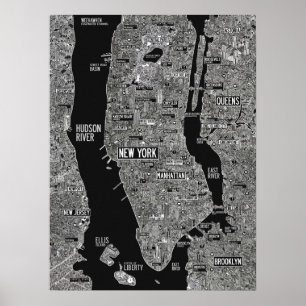 Póster Mapa blanco negro dibujado por la mano en la ciuda