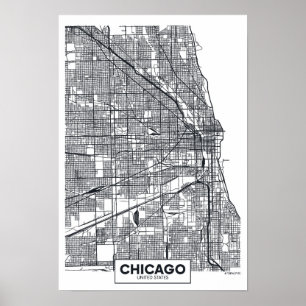 Póster Mapa blanco y negro de la ciudad de Chicago,