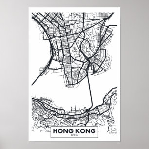 Póster Mapa blanco y negro de la ciudad de Hong Kong,
