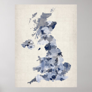 Póster Mapa BRITÁNICO de la acuarela de Gran Bretaña