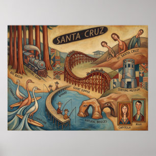 Póster Mapa caprichoso de Santa Cruz California Paseo mar