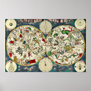 Póster Mapa Celeste Antiguo de las Constelaciones 1670