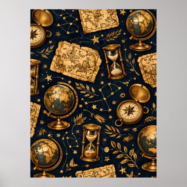 Póster Mapa Celestial Vintage y Patrón de Astronomía (Frente)