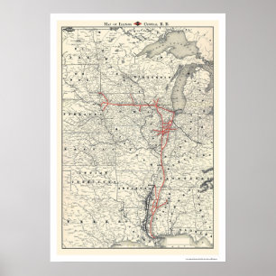 Póster Mapa central 1892 del ferrocarril de Illinois