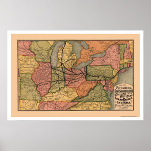 Póster Mapa colorido 1874 del ferrocarril