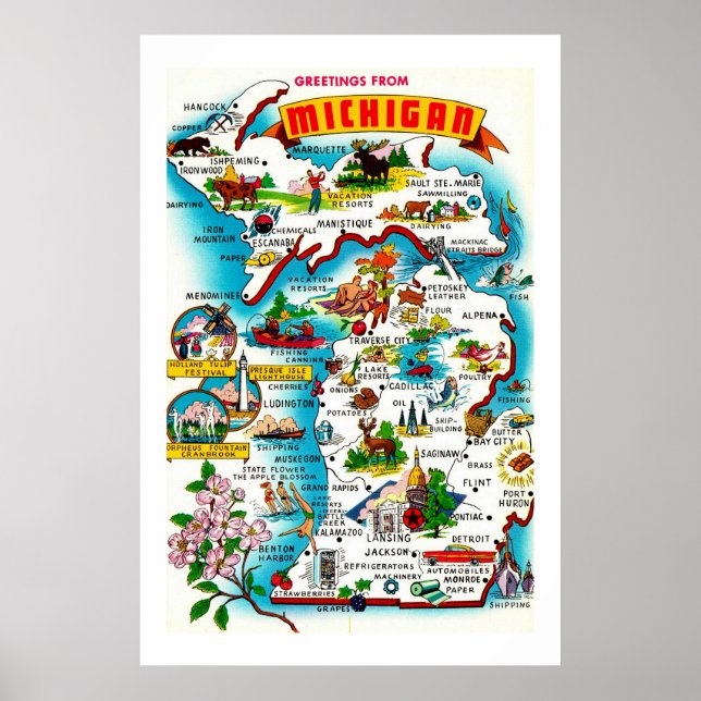 Póster Mapa Colorido de Michigan Impreso (Frente)