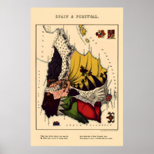 Póster Mapa Cómico Antiguo de España y Portugal