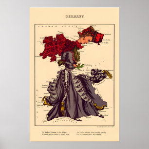 Póster Mapa Cómico de Alemania Litografía Vintage 1860s