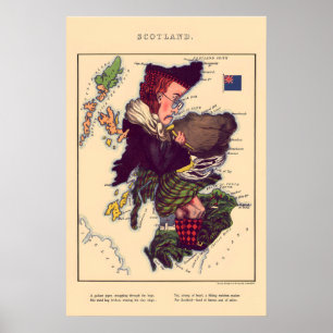 Póster Mapa Cómico de Escocia Litografía Vintage 860s